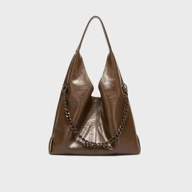 Solid Color Crinkle Chain Tote Bag Women Minimalist Design Leather Large Capacity Shoulder Bag Ladies High End Crossbody Bag New