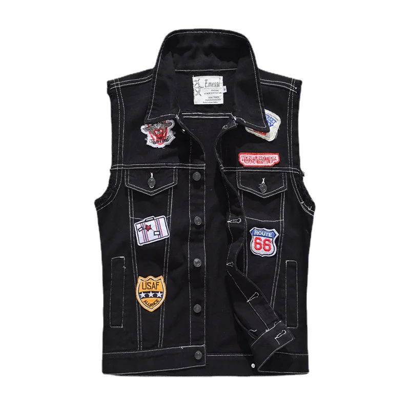 Men Black Denim Vests Jackets Waistcoats Printed Denim Coats Vests New
