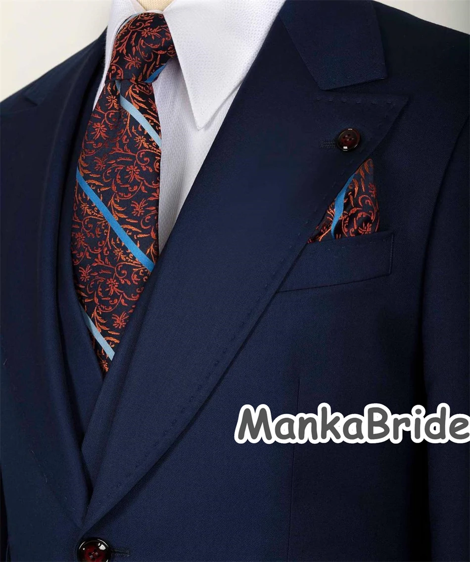 Classic Navy Blue Wedding Groom Tuxedo Customized Business Wear Men's Suits 3PCS Blazer Vest  Pants Groomsmen Suit
