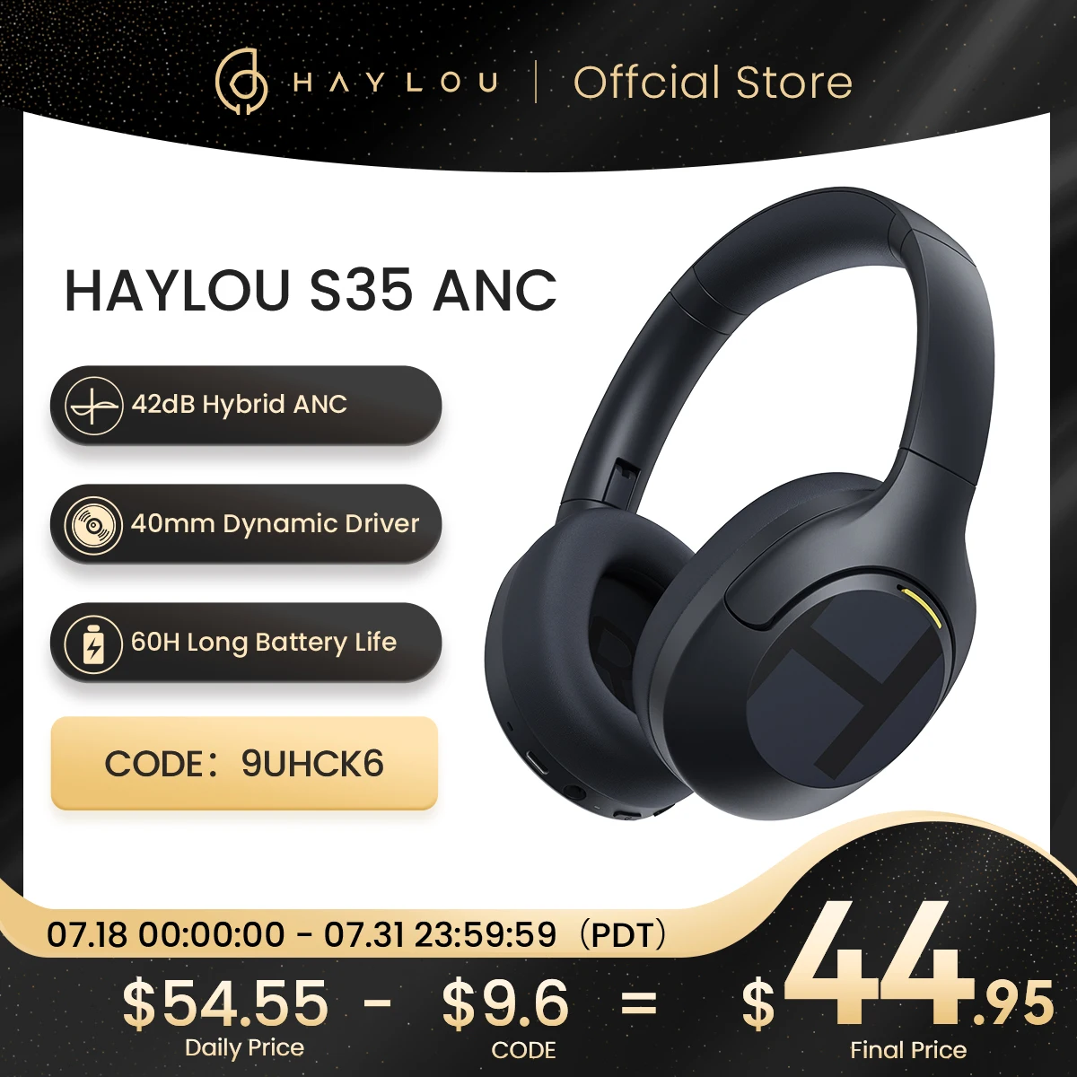  HAYLOU S35 ANC Wireless Bluetooth 5.2 Headphones 42dB Over-ear Noise Cancellation Headsets 40mm Driver 60H Playtime Earphones 