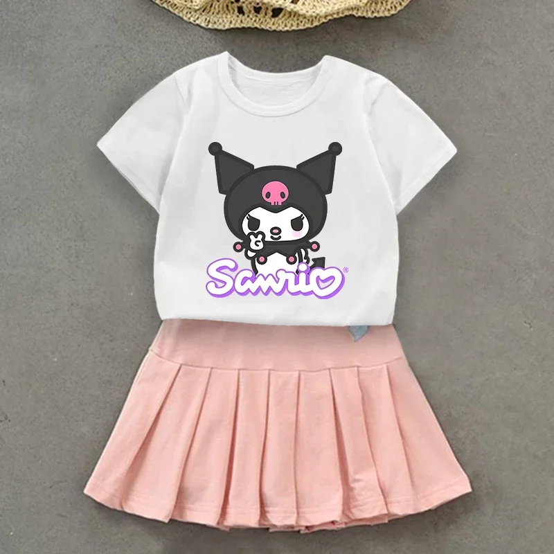 Hello Kitty Kuromi Kids Girls Student Uniform Skirts T Shirt Pleated Culottes Child Summer Skirt with Inner Safety Pant Dress 4