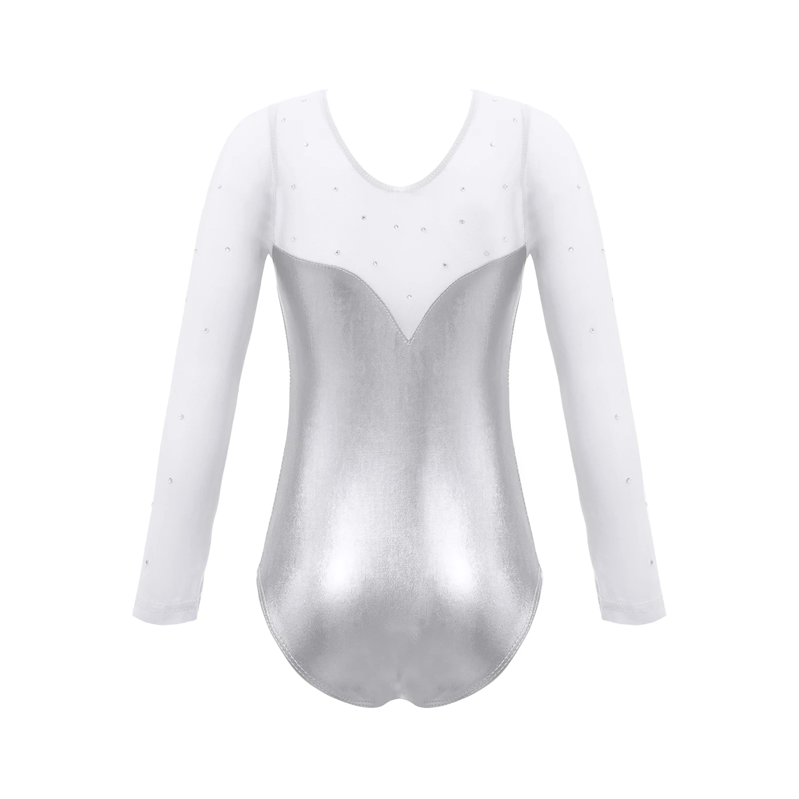 Sparkle Girls Tulle Long Sleeve Gymnastics Leotard Bodysuit Rhinestone Metallic Ballet Leotard Kids Practice Stage Dance Costume