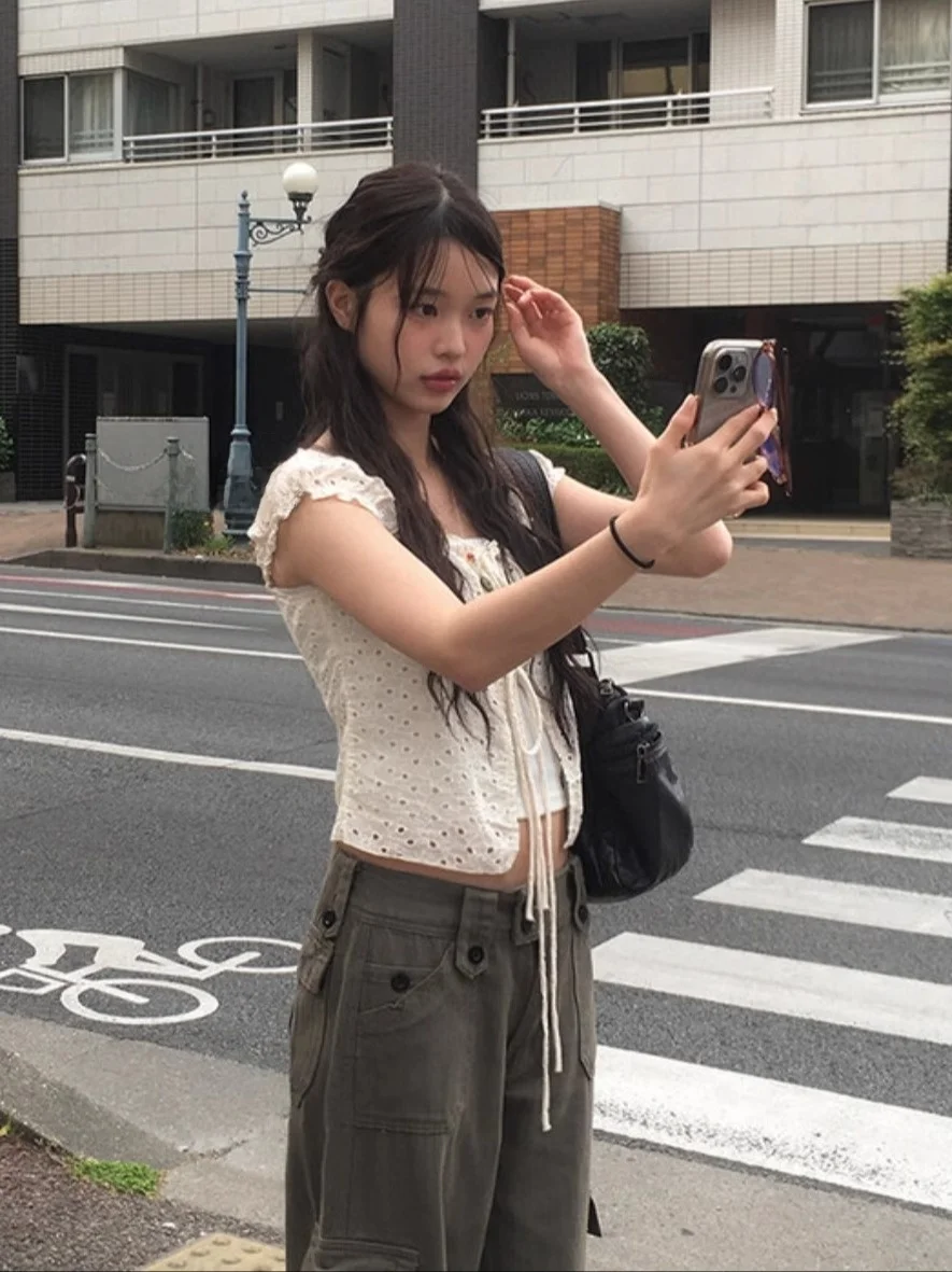 Unique SEI Korean Sle Summer Casual Loose Straight Leg Workwear Pants ort Top Hollow out Belt Slimming T-irt