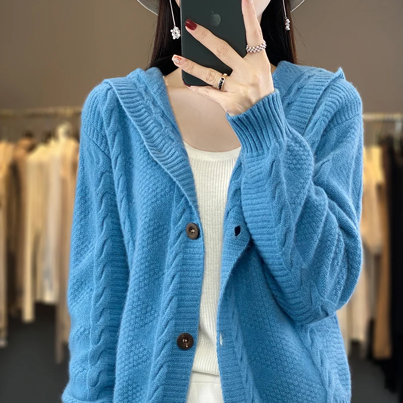 

Autumn Winter New 100% Merino Wool Sweater Cardigan Women's Clothing Hooded Collar Coat Casual Short Knitted Top fashion Korean
