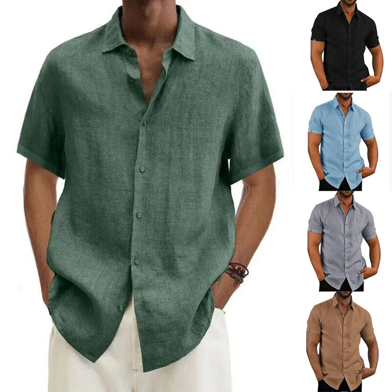 Summer Men's Short Sleeve Shirt Fashion Solid Color Linen Cotton Breathable Leisure Lapel Button T-shirt Business Casual Shirt 5