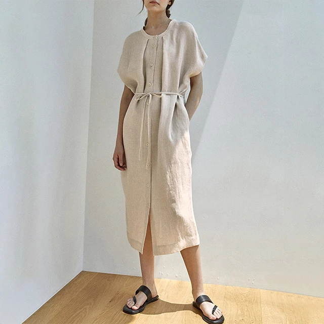 100% Linen Elegant Women's Dresses For Party 2025 Ruched Casual Short Sleeve Summer Dresses New In Beach Sundress Vestidos 1