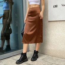 

Vintage Brown High Waist Skirt Female Harajuku Satin Long Skirt Side Split Ladies Summer Skirts Clothes landuxiu