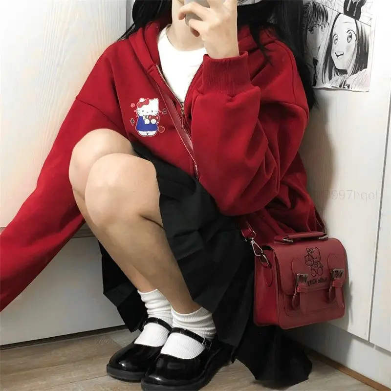 Sanrio Hello Kitty Hoodie Y2k Coat Women Japanese Cute Cat Jacket Sweet  Girl Plush Loose Thickened Cardigan Top Cusual Aesthetic
