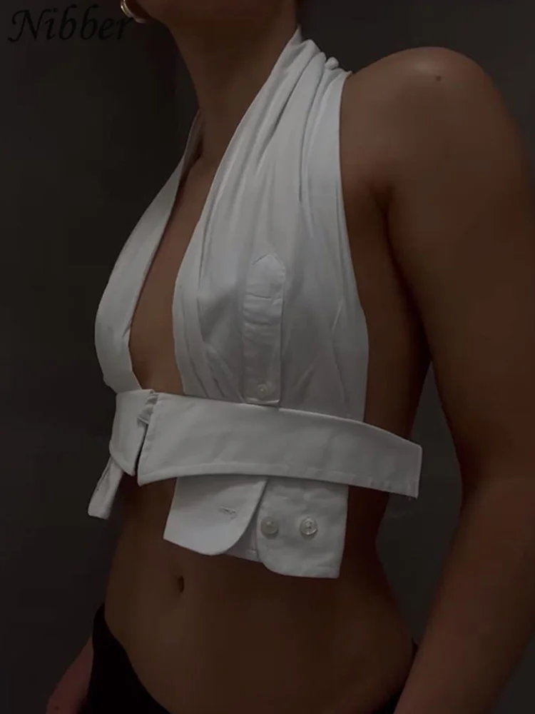 Nibber Summer Women's Solid Color Sexy Halter Tank Top Buttoned Pleats Open Back Lace Up Crop Top Female Midnight Party Tops