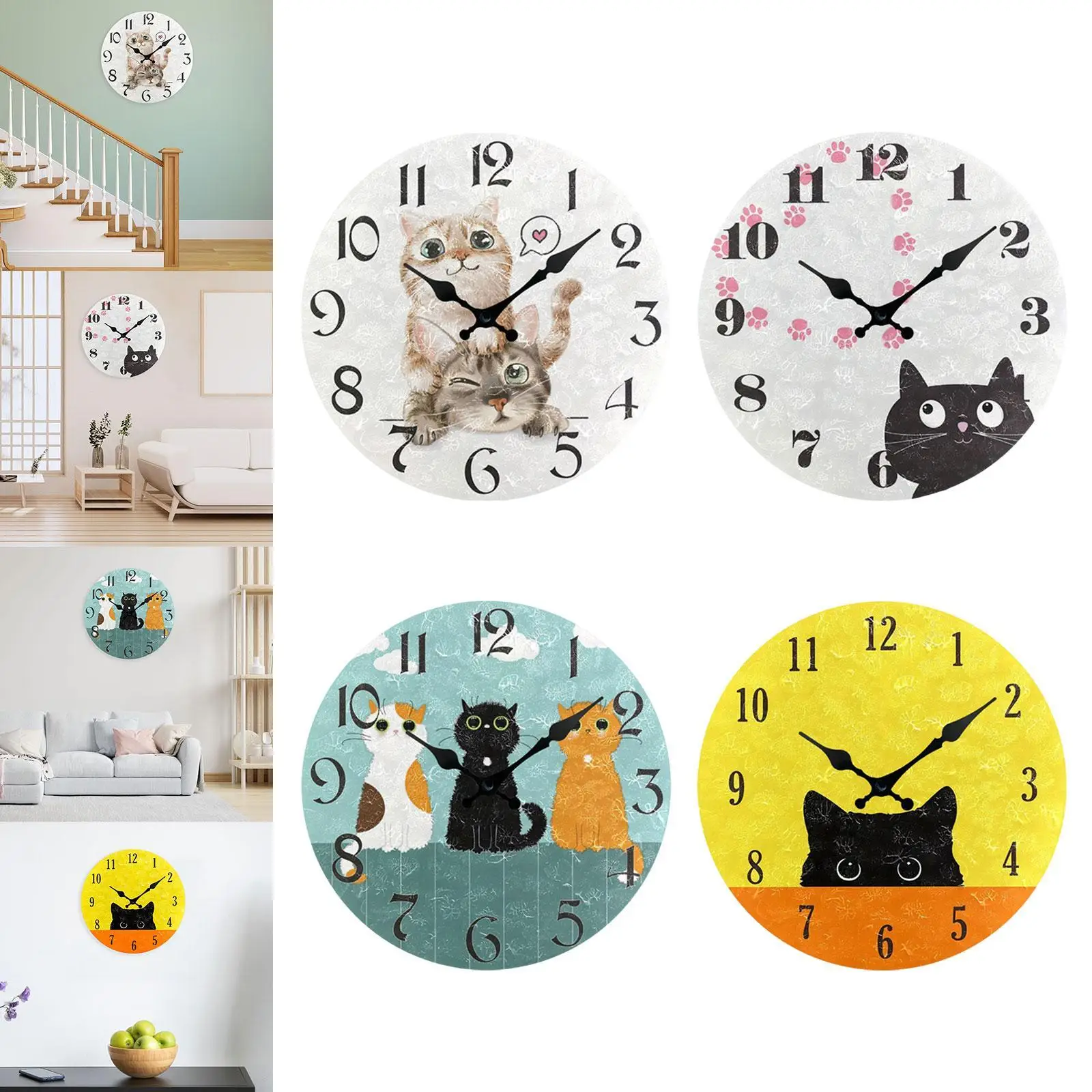 Funny Cat Wall Clock Quiet Wall Decorative Clock for Kitchen Bathroom Indoor