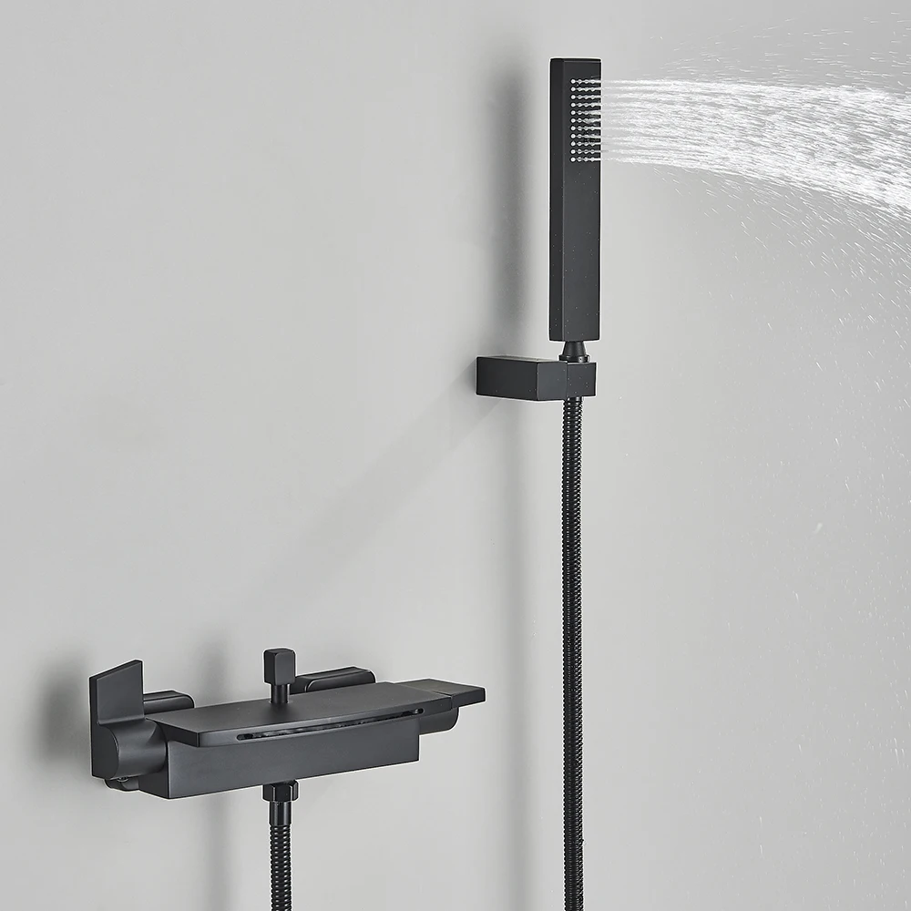 Matte Black Waterfall Spout Bathtub Faucet Hot and Cold Water Mixer Faucet Bathroom Faucets Wall-mounted Bathtub Mixers Taps 2