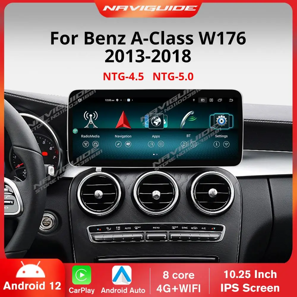 

NAVIGUIDE 10.25'' Android12 Car Multimedia Player For Mercedes A CLA GLA W176 C117 X156 WIFI SIM 8Core 1920*720 Carplay GPS Navi