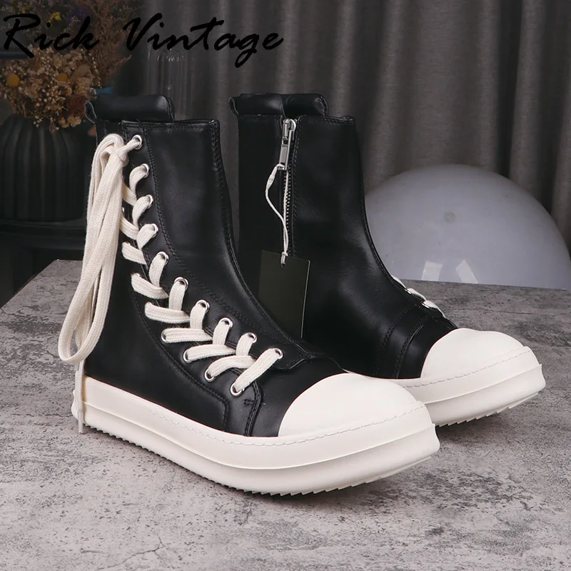 Rick Vintage Men's Real Leather Ankle Boots High Street Board Shoes Women Brand High Top Sneakers Lace Up Shoes