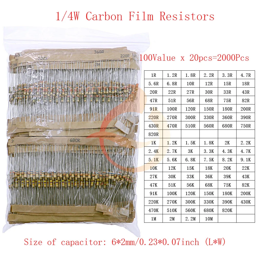 carbon film resistors kit 1/8W 1/4W 1/2W 1W 2W 3W 5W Carbon Film Resistors Assortment Kit 5% Electronic Components resistor package