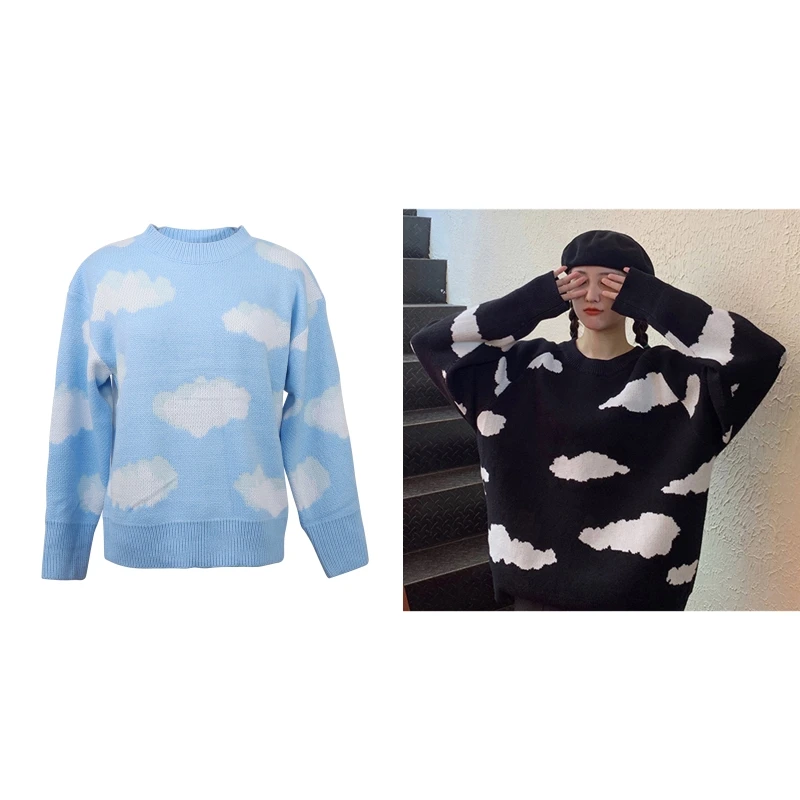 

Women Long Sleeve O-Neck Sweater Korean Harajuku Sweet Cloud Print Tunic Tops Oversized Loose Pullover Knitwear Jumper