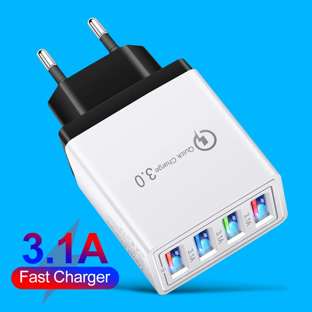 High-Speed QC 3.0 USB Charger with 4-Port LED Adapter, EU Plug