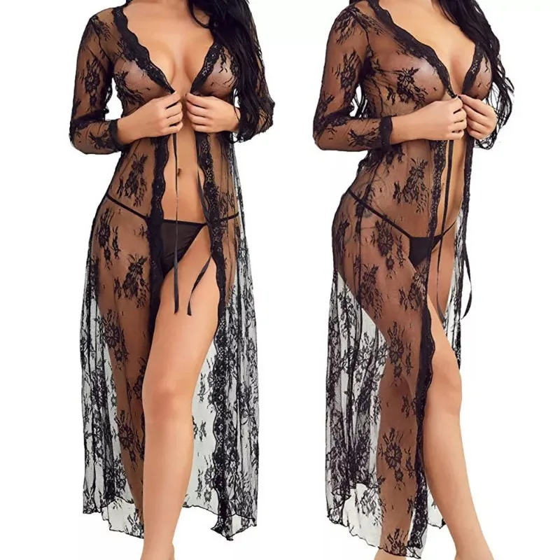 Tornova Sexy Lace Mesh Transparent Robe Nightgown Women See-Through Lace Printing Deep V-Neck Home Ultrathin Nightgown women sleepwear sleepwear pajamas