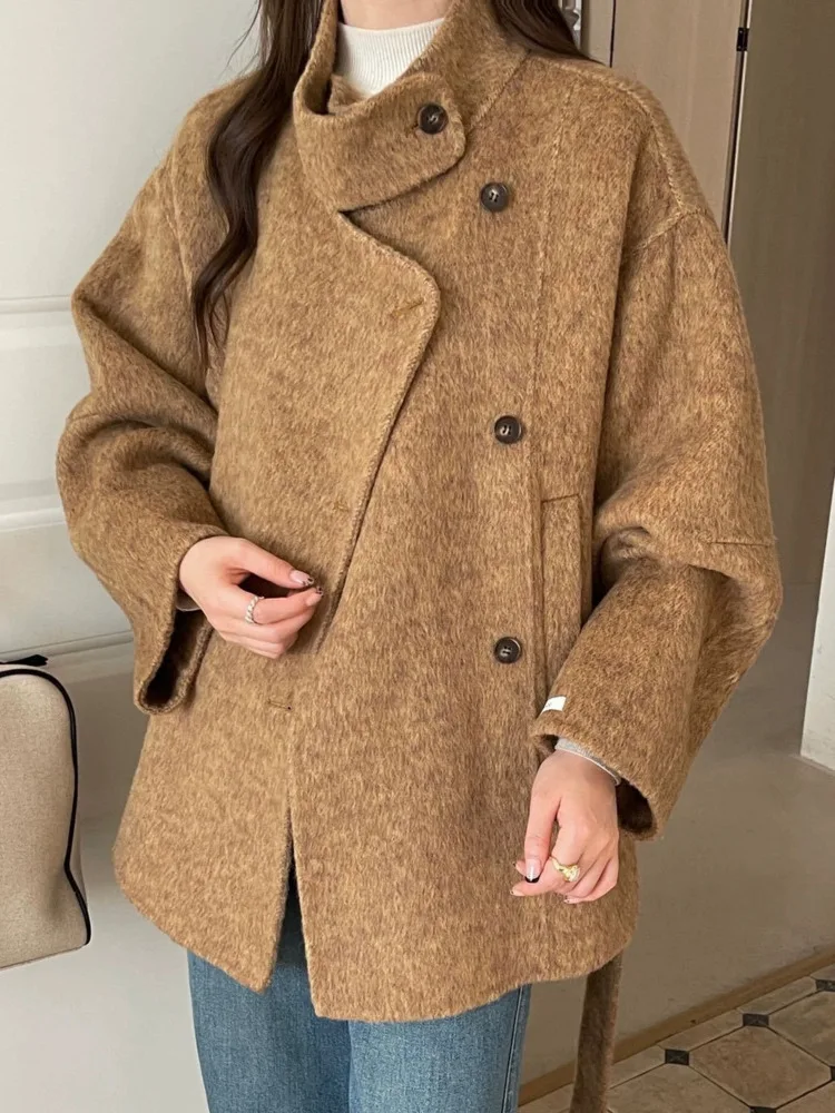 ZMEENNA Womens Chic Wool Blend Short Coat With High Collar