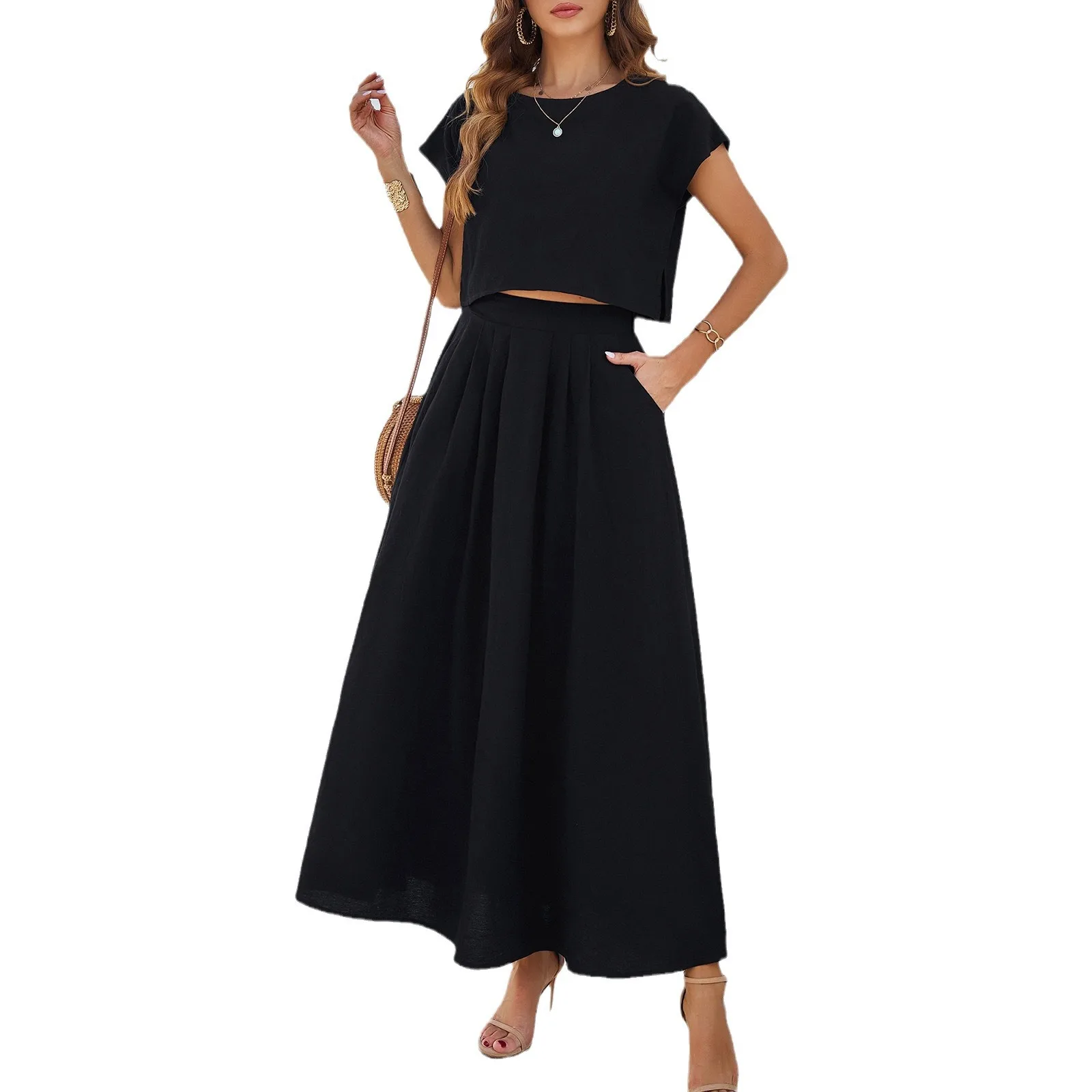 High Quality Women Clothing 2024 Spring Summer Casual Sleeveless Top Pleated Long Skirt Set Vintage Bandage Skirts Maxi Fashion
