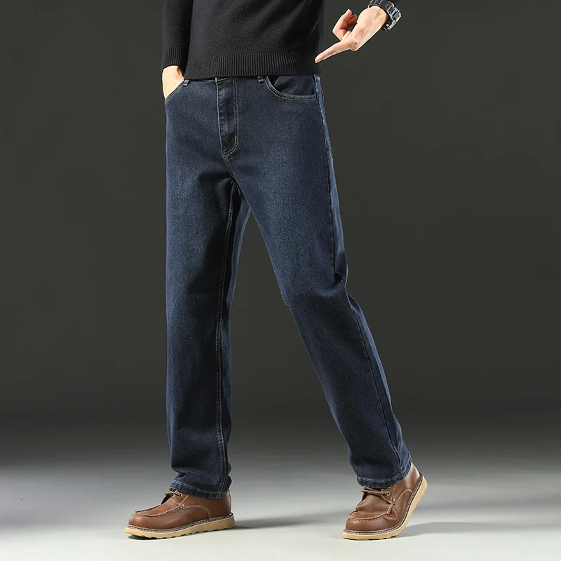 Classic Straight Men's Jeans Autumn Thick Business Casual Retro Washed Denim Pants High Quality Loose Comfort Trousers Gray Blue 4