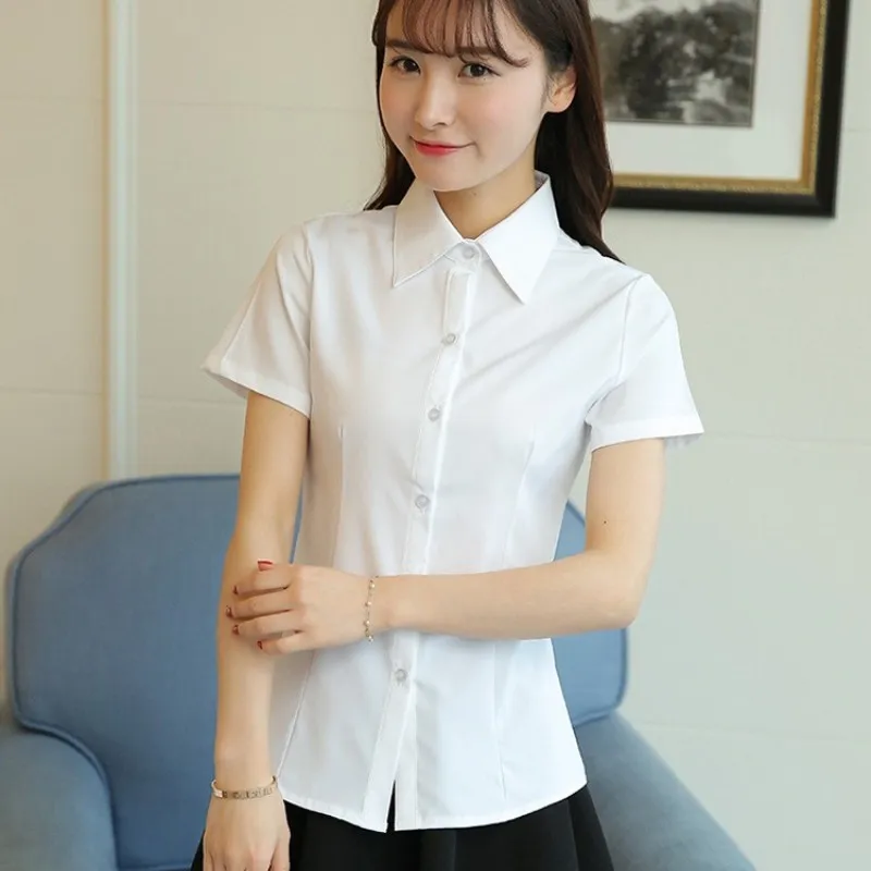 Korean Fashion White Shirt Women Autumn Short Sleeve Blouse Slim Office Lady Tops Women's Shirt S-5XL Student Shirt Women's Wear - Image 2