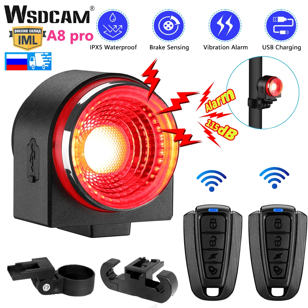 WSDCAM Bicycle Tail Light USB Charging Bike Alarm Remote Control