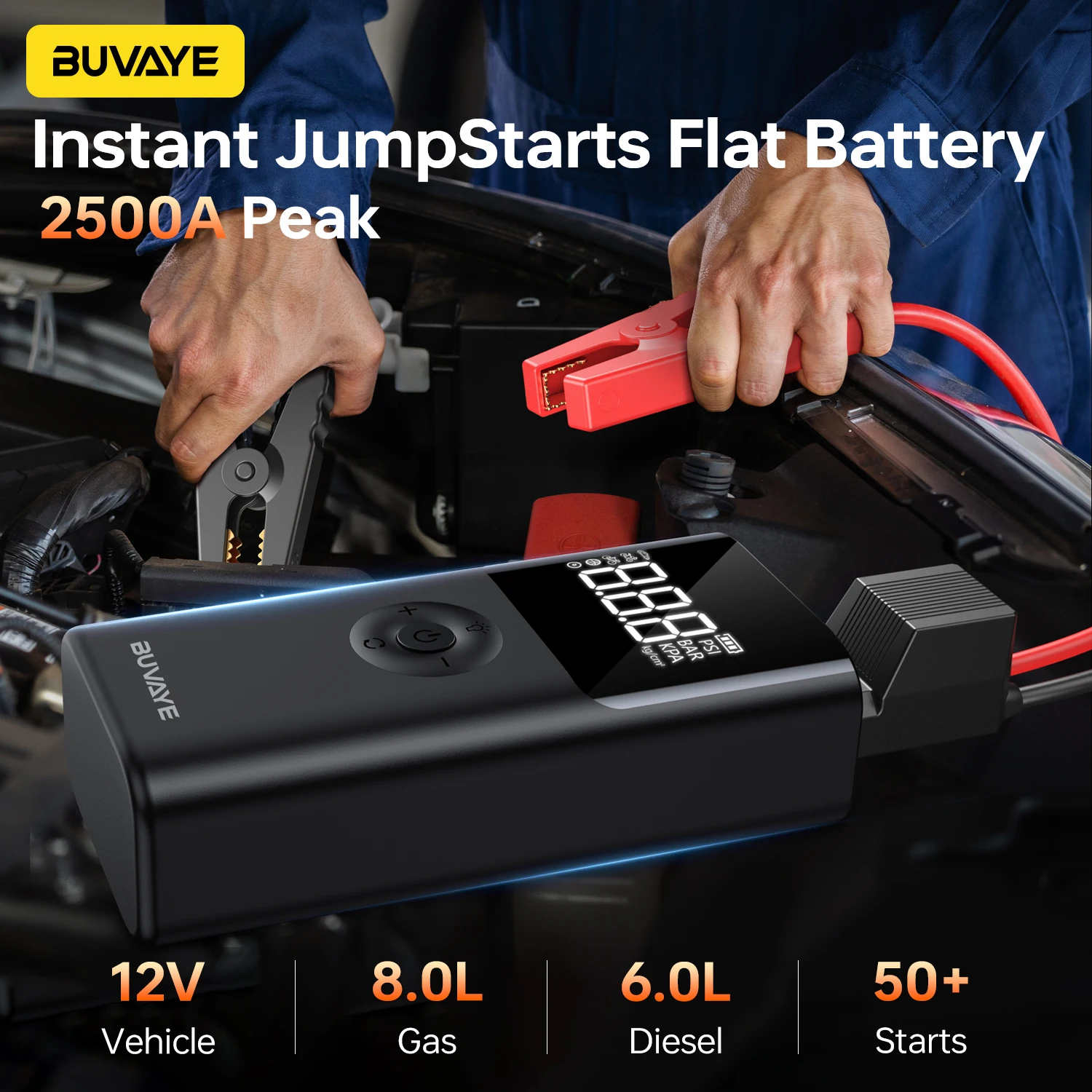 BUVAYE 4 In 1 2500A Avviatore di emergenza portatile Accumulatori e caricabatterie di riserva 150PSI Pompa d'aria Booster Batteria per auto 12V Batteria per auto Avviamento Powerbank - immagine 2