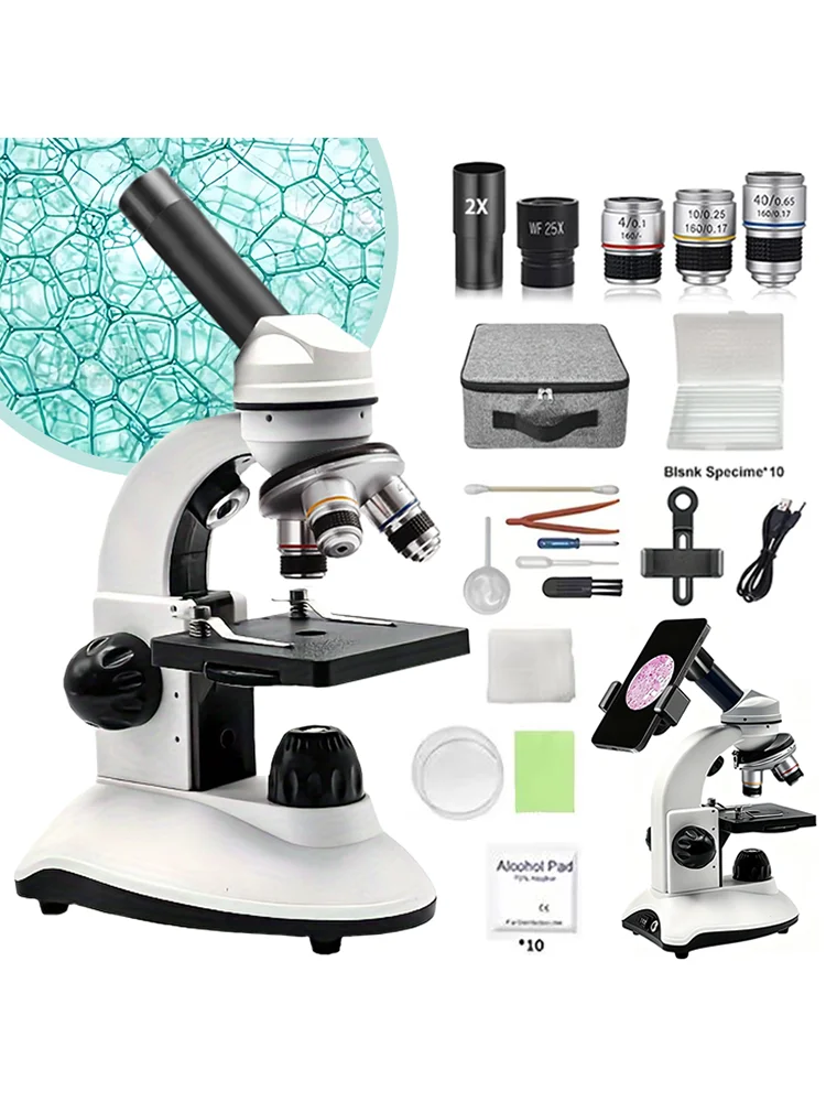 מיקרוסקופ למבוגרים ילדים תלמידים, 100X-2000X מיקרוסקופים, גוף מתכת כפול LED, ערכת מיקרוסקופ מונוקולרי מרוכז ביולוגי