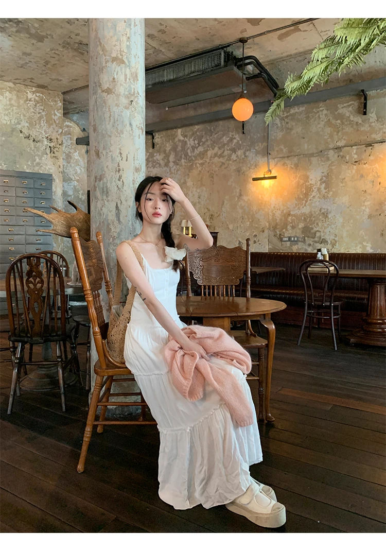 French Elegant Dresses for Women Solid Spaghetti Strap Summer New Ruffles A-line Casual Korean Chic Midi Vestidos Mujer