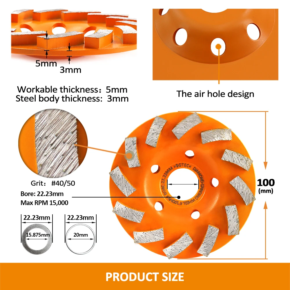 BGTEC 1pc 4"/Dia100mm Diamond Grinding Wheel Cup Wheels For Concrete Marble Granite Masonry Brick Bore 22.23mm Hot Pressed Disc