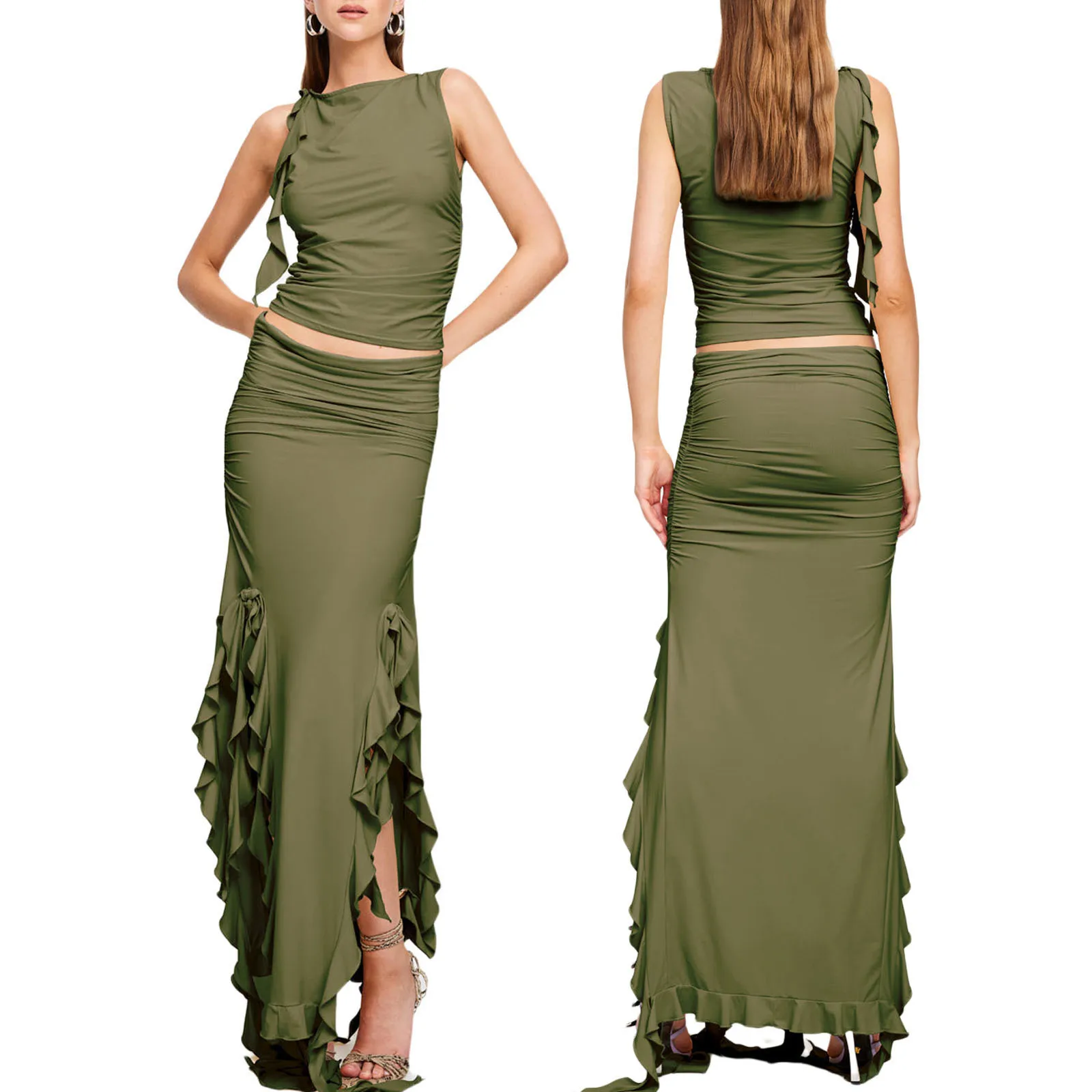 

Fashion Skirts Set Summer Solid Color Sleeveless Tank Tops Ruffles Slit Long Skirts Set 2 Pieces Sets Women Outfits for
