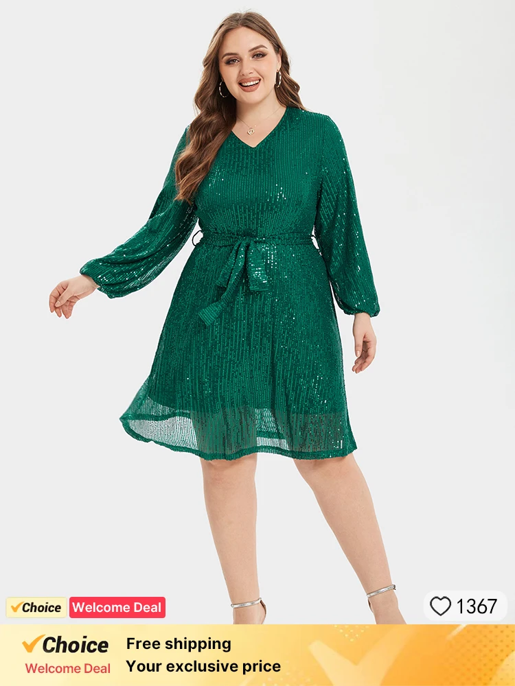 

Plus Size Clothing Solid V-Neck Lantern Sleeve Belted Sequin Dress Party Evening Club Fashion Long Sleeve Glitter Dress