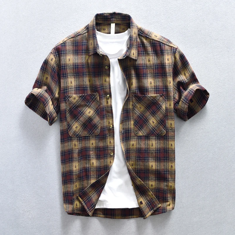 

Casual Men's Plaid Short Sleeve Shirt Vintage Pure Cotton Workwear Comfortable Double Pocket Summer Shirt for Man
