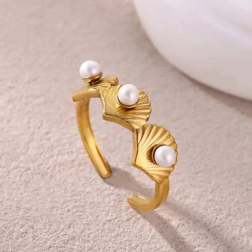 Pearl Shell Ring Women18K Gold Plated Stainless Steel Adjustable Finger Ring