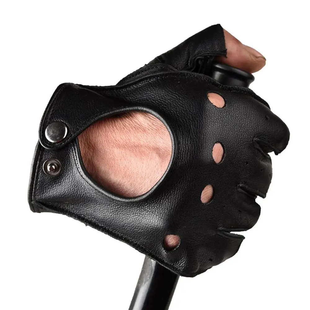 Men's Sheepskin Half Finger Fitness Gloves Black Yellow Wear-resisting Outdoor Riding Motorcycle Tactical Non-slip Cowhide Glove 2