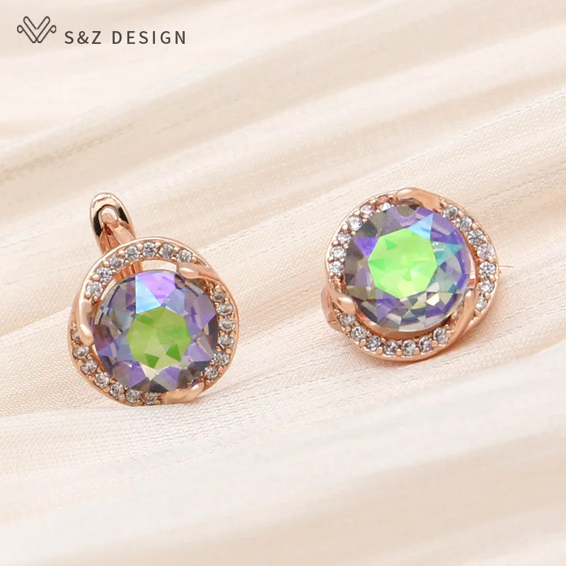 S&Z DESIGN New Fashion Rose Gold Color Round Crystal Dangle Earrings Cubic Zirconia Eardrop For Women Wedding Elegant Jewelry