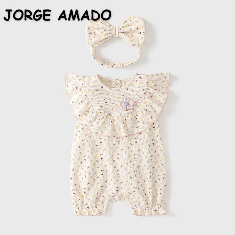 

Новый летний комбинезон для маленьких девочек, комбинезон с коротким рукавом и круглым вырезом, бежевый цветочный комбинезон + головной убор, Одежда для младенцев от 0 до 2 лет, E23605
