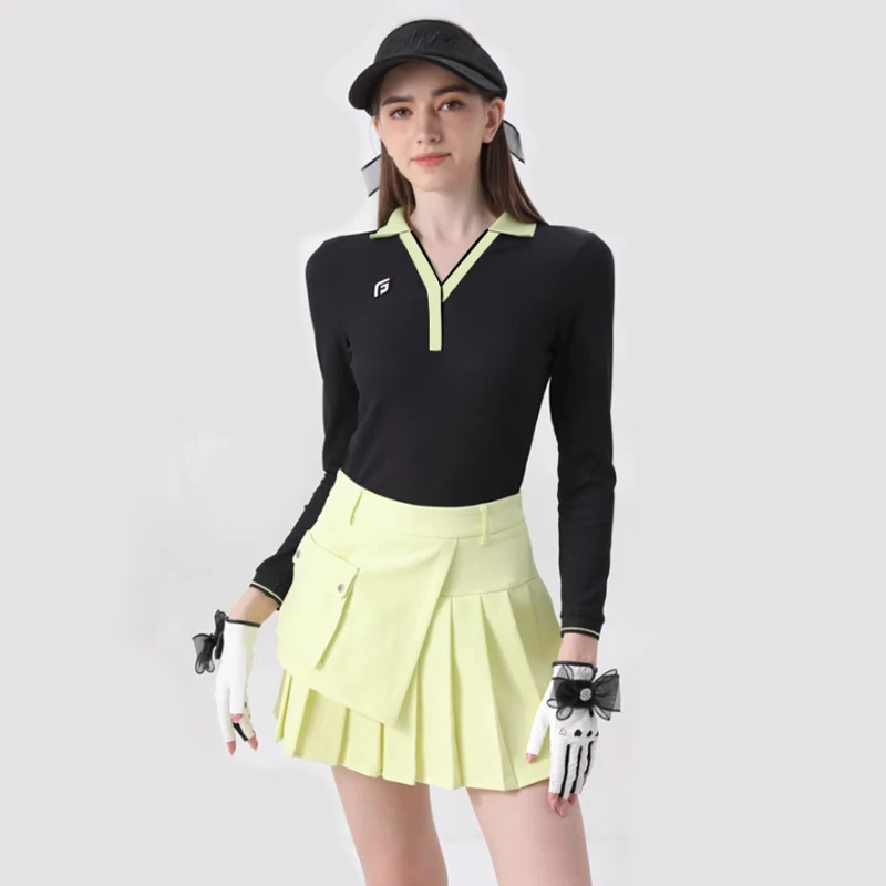 Spring/fall Golf Apparel Women's Long Sleeve V-collar T-shirt Skirt Tennis Suit Ladies Sports Slim Tops Fashion Golf Set