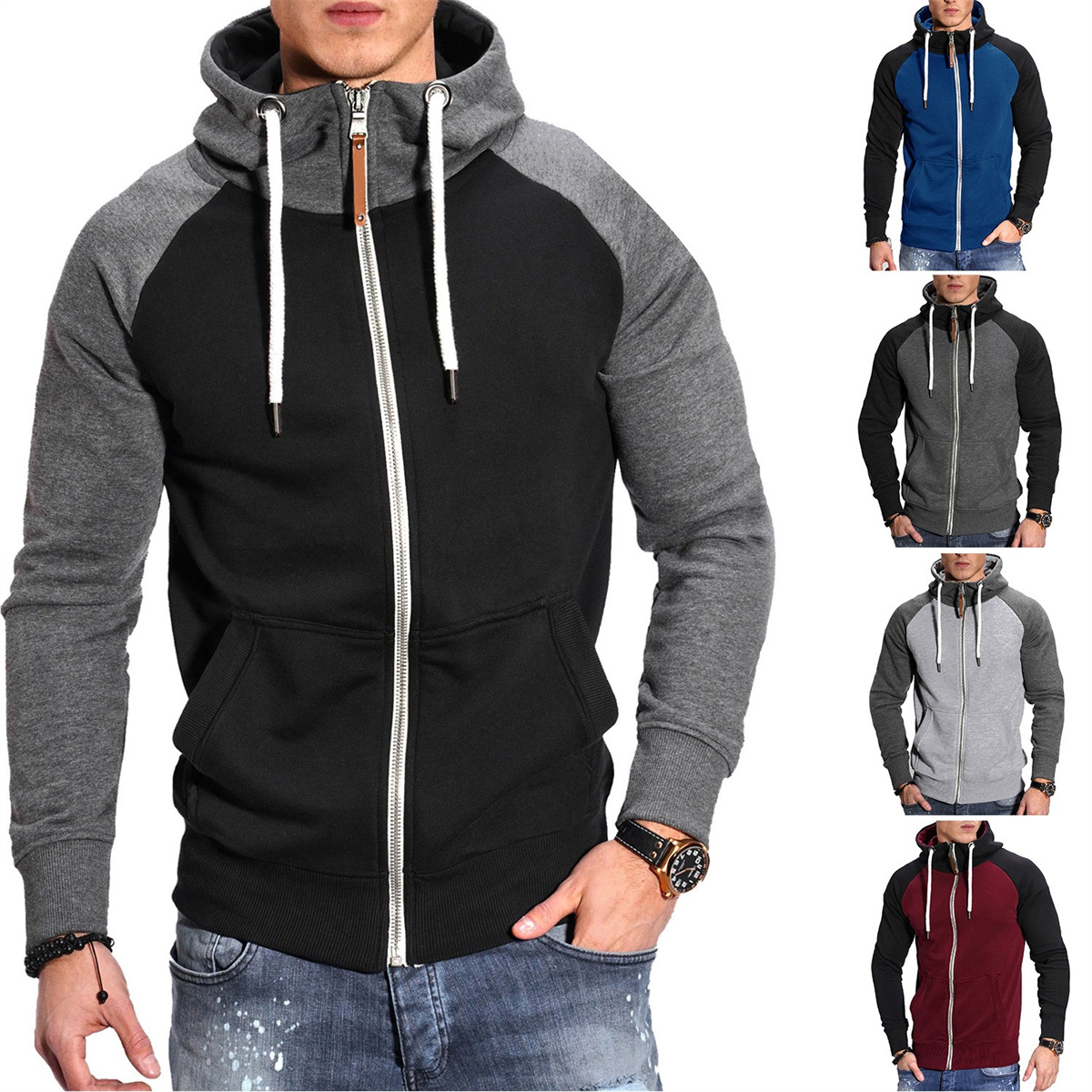 Autumn And Winter Fitness Running Sports Match Color Casual Fashion With Shoulder Sleeve Cardigan Men's Hoodie