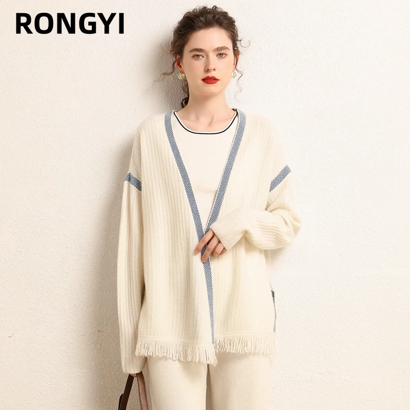 

RONGYI 100% Goat Cashmere Sweater Women's Front And Back Needle Tassel Jacquard Split Cardigan Knitted Casual Autumn And Winter