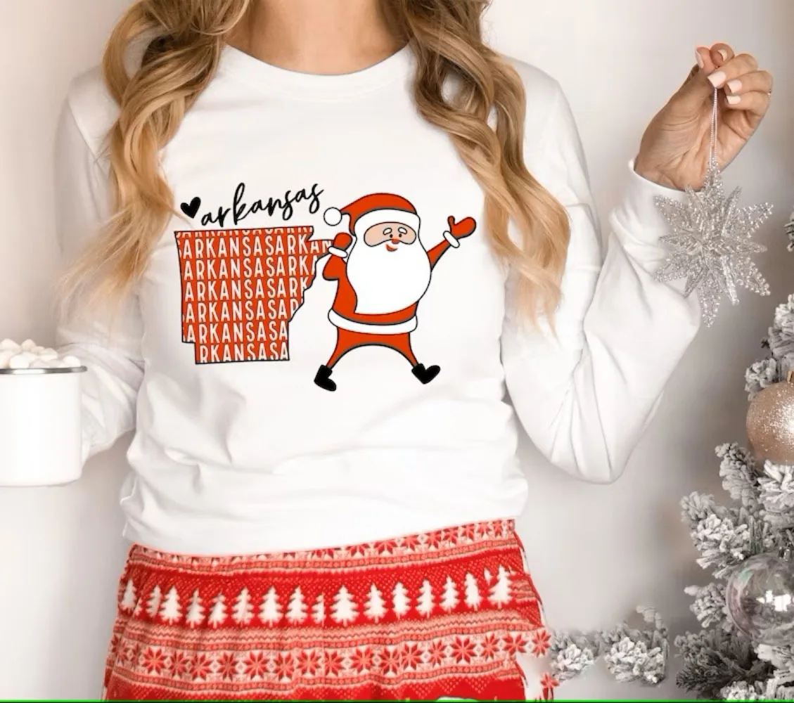 Arkansas Christmas Santa Sweatshirt Merry Arkansas Christmas Vibes Crewneck Pullover Top Cute Funny Shirt Winter Women Clothes