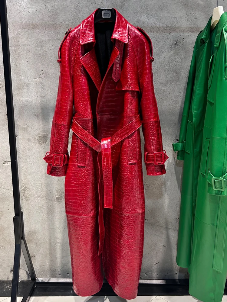 Crocodile Texture Women Long Leather Coat High Quality Long