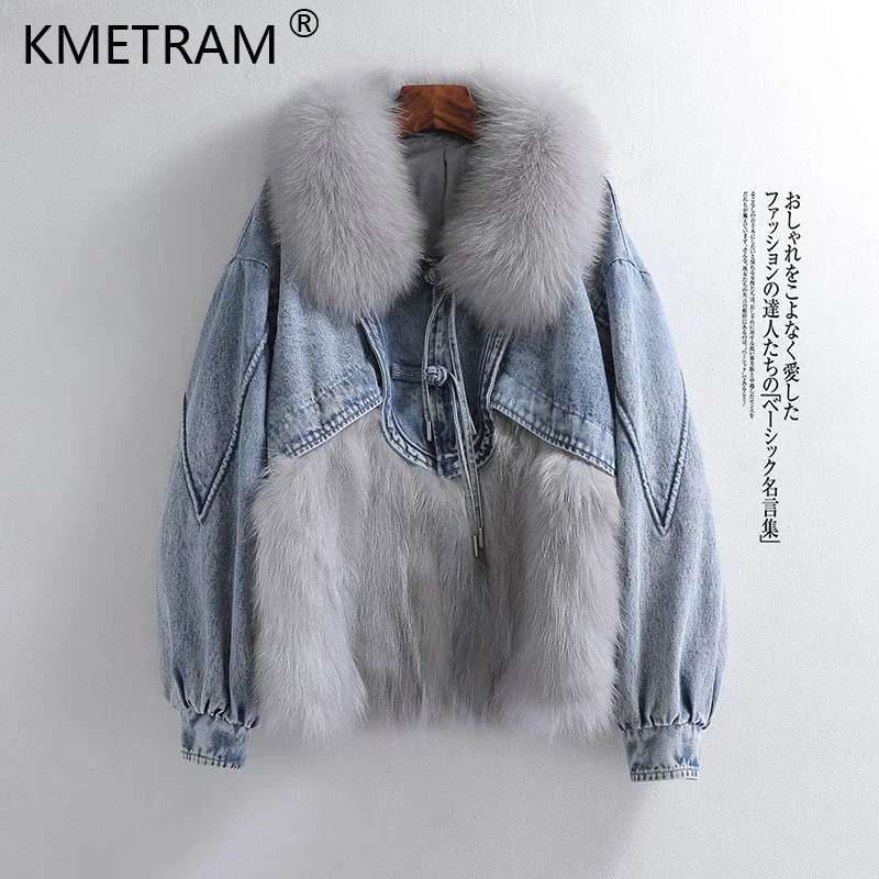 

New Short 90% White Duck Down Jackets for Women 2023 Winter Autumn Raccoon Fur Spliced Denim Coat Fox Fur Collar Puffer Jacket