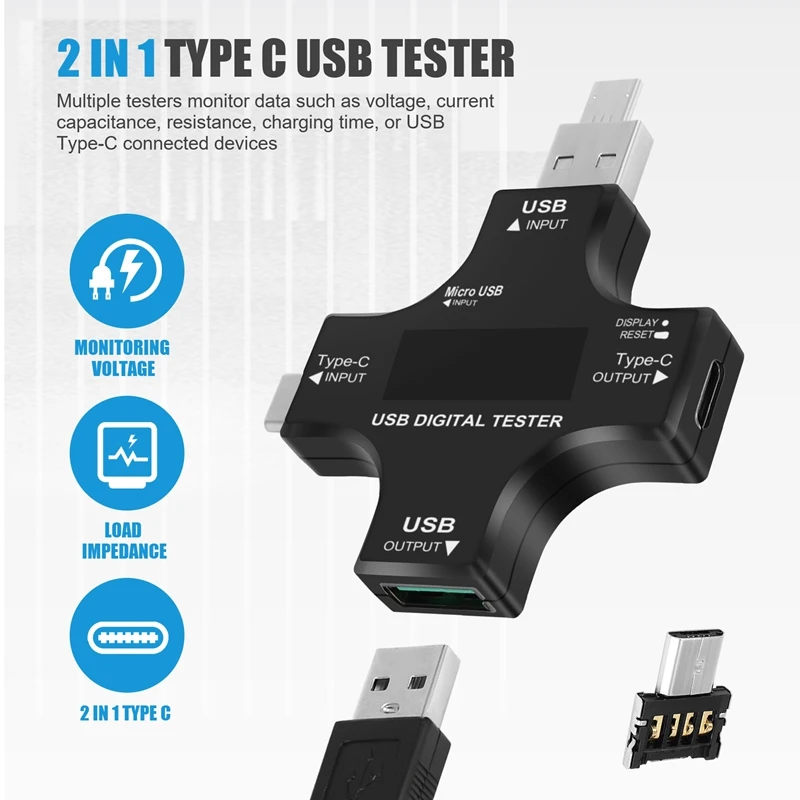 USB C Tester 2 In 1 Type C USB Tester Color Screen IPS Digital Multimeter Voltage Current Power Resistance Temperature With Clip digital multimeter