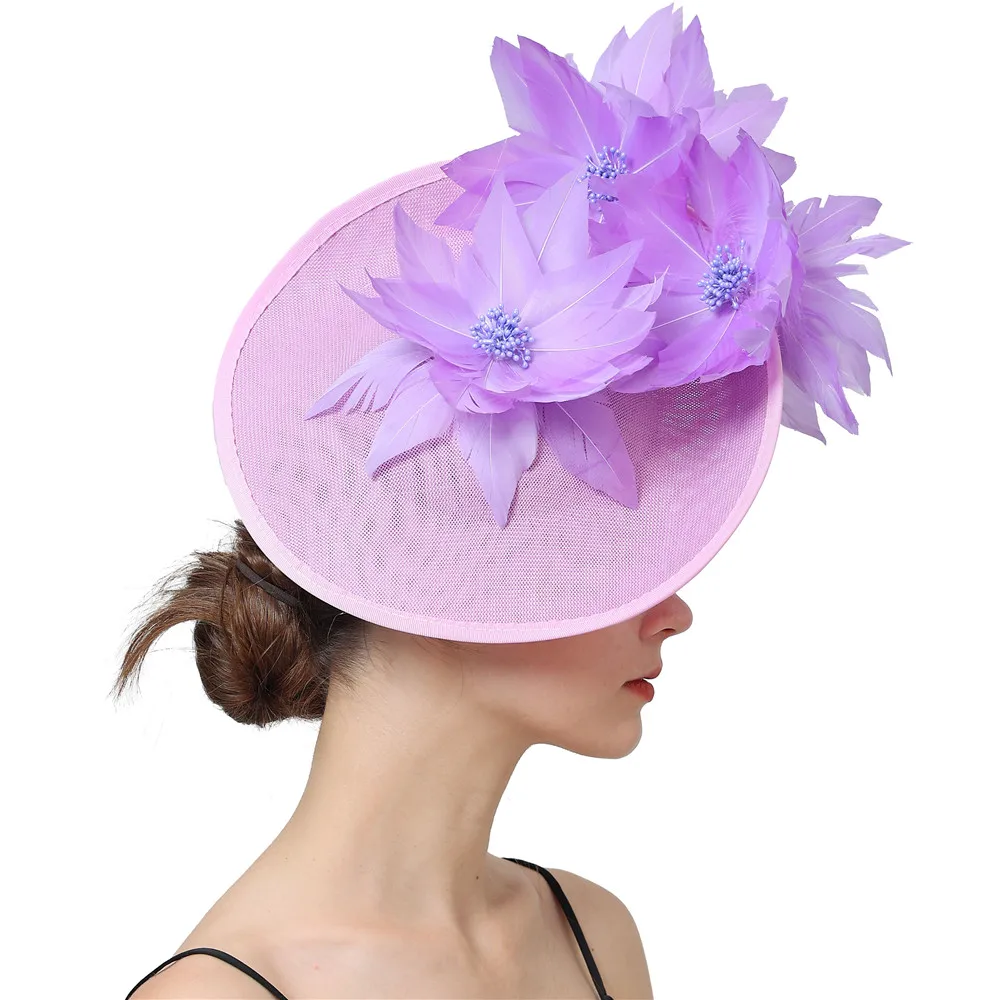 

New Fashion Womens Sinamay Fascinator Femme Cocktail Party Big Hat Wedding Church Feather Flower Derby Chapeau Cap Hair Clip