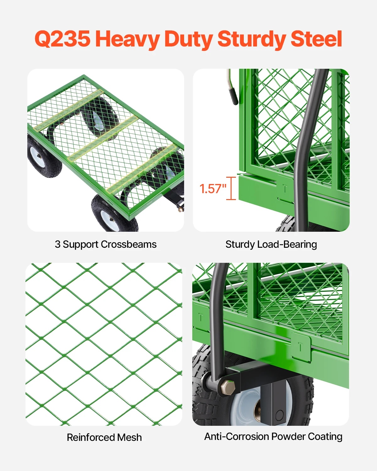 Steel Garden Cart on Wheels Pullable Metal Yard Wagon Carts 180&deg;Rotating Handle For Yard
