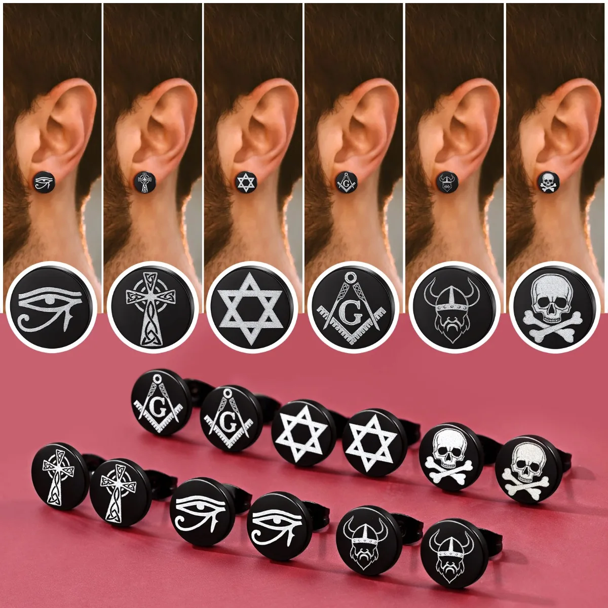 6pairs/set Black Round Stud Earrings Skull Celtic Cross Star of David Viking Wolf Tree Fighter Eye of Horus Unisex Jewerlry QC24 4