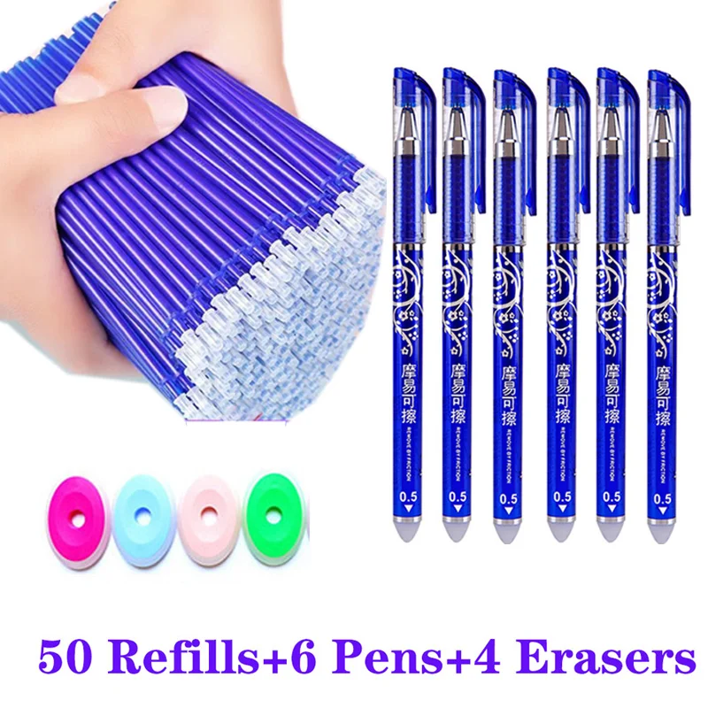 50+6+4 Pcs/Set Erasable Gel Pen Refills Eraser Rod 0.5mm Washable Handle Magic Office School Writing Stationery