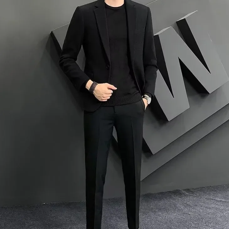 Autumn Winter Casual Suit Jacket Men's Business Slimming Smooths Silhouette Trendy Woolen Western-Style Clothes