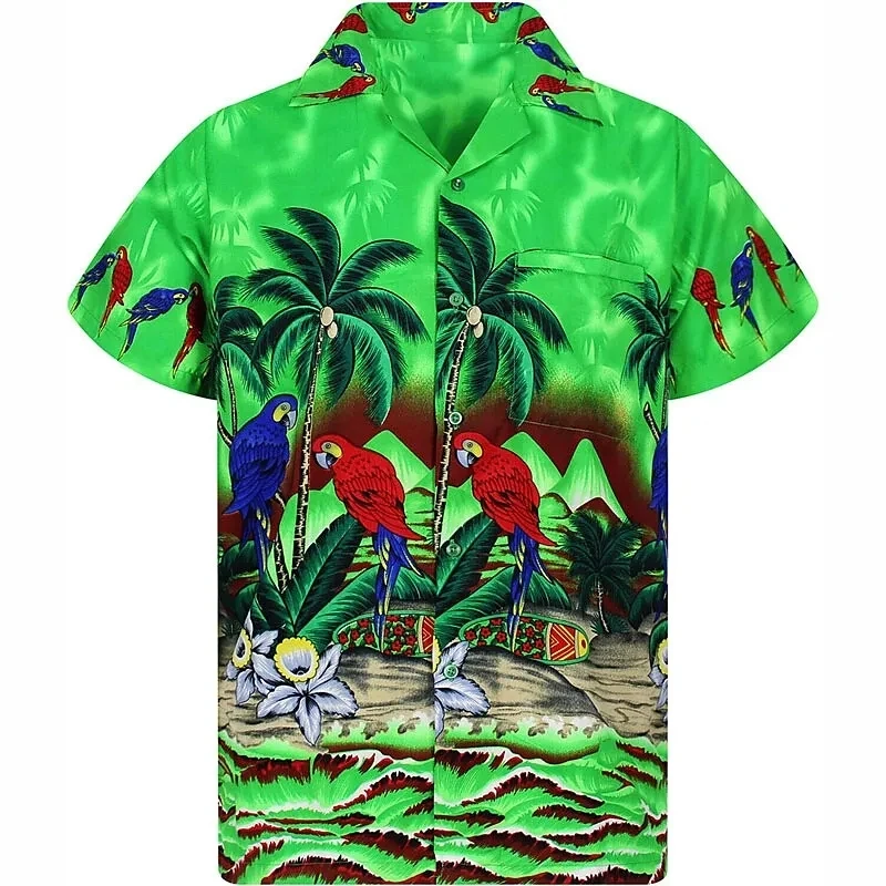 New Men Floral Parrot Street Fashion Summer Daily Shirt Hawaiian Print Casual Loose Shirts Short Sleeve Beach Loose Tops